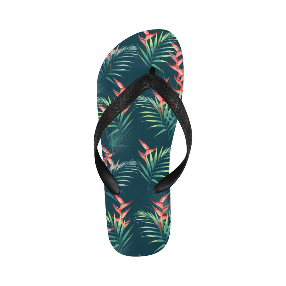 heliconia flowers, palm and monstera leaves on bla Unisex Flip Flops