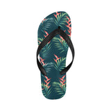 heliconia flowers, palm and monstera leaves on bla Unisex Flip Flops