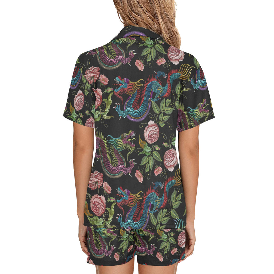 Dragons flower pattern Women's V-Neck Short Pajama Set