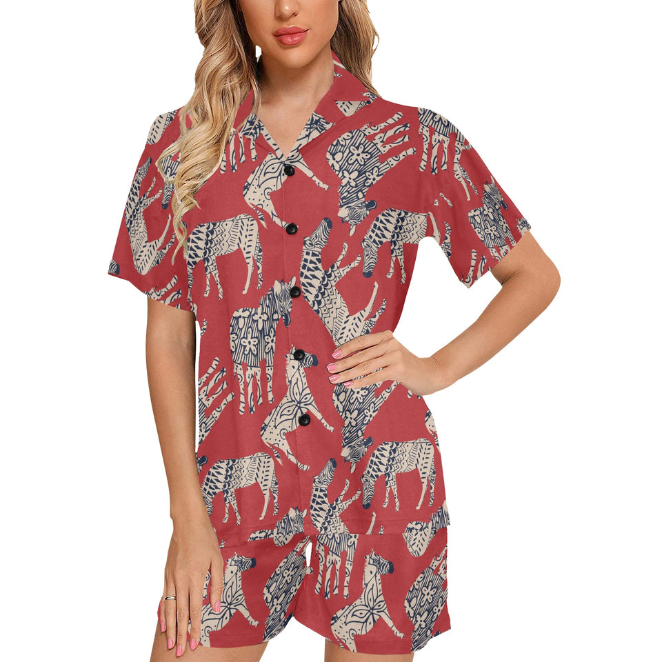 Zebra abstract red background Women's V-Neck Short Pajama Set