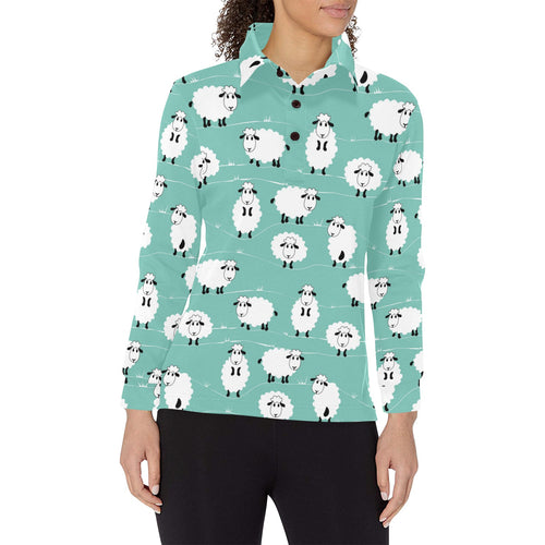 Cute sheep green background Women's Long Sleeve Polo Shirt