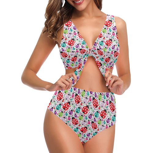 Ladybug Pattern Print Design 03 Chest Bowknot High Waisted Bikini Swimsuit