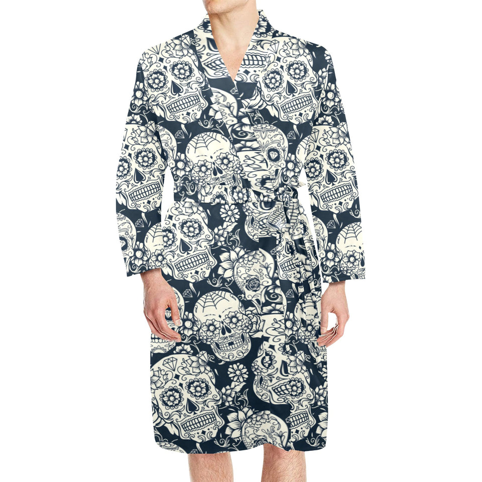 Sugar skull black white pattern Men's Long Sleeve Belted Night Robe