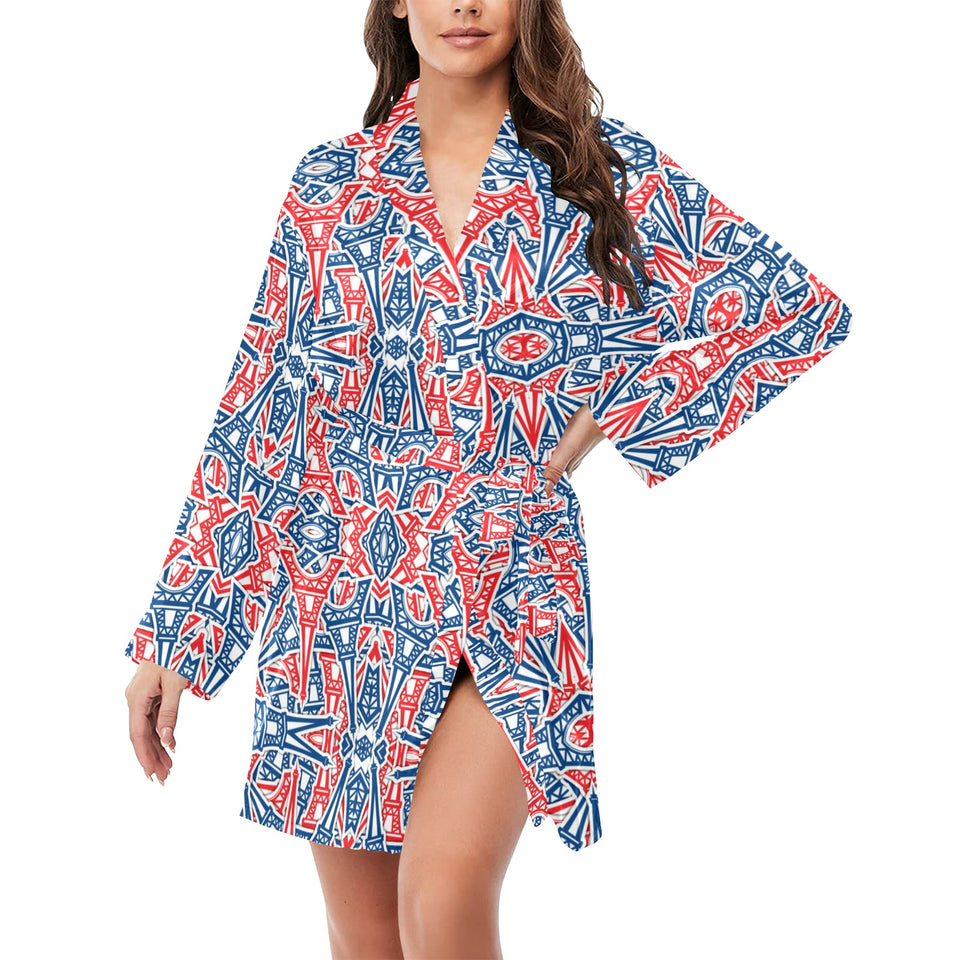 Blue Red Eiffel Tower Pattern Print Design 02 Women's Long Sleeve Belted Night Robe