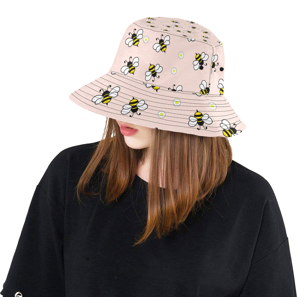 Cute bee flower pattern pink background Unisex Bucket Hat