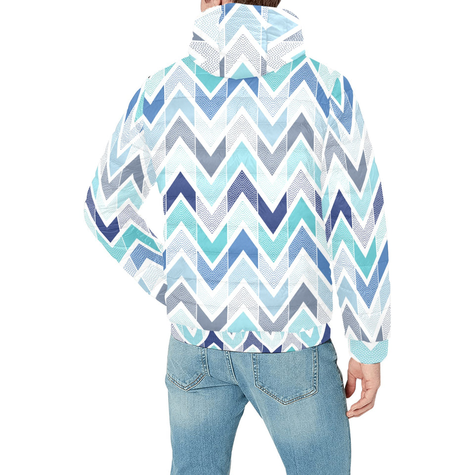 zigzag chevron blue pattern Men's Padded Hooded Jacket