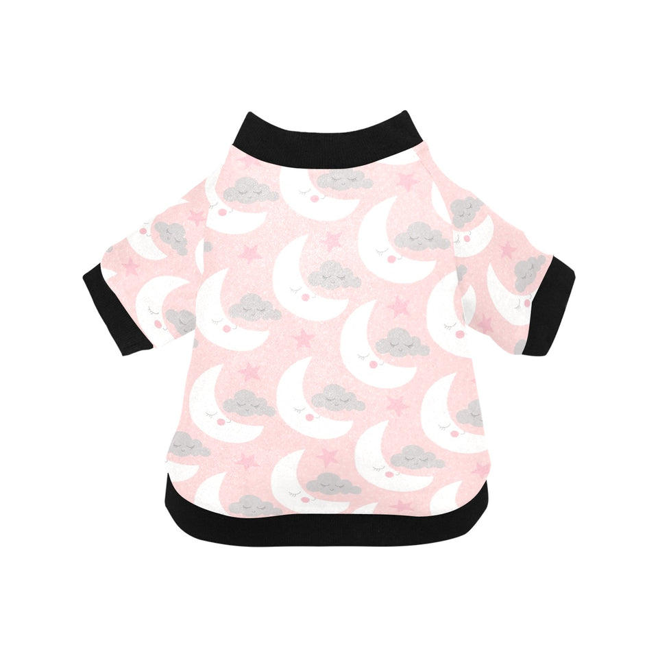 Cute moon cloud star pattern pink dot background All Over Print Pet Dog Round Neck Fuzzy Shirt