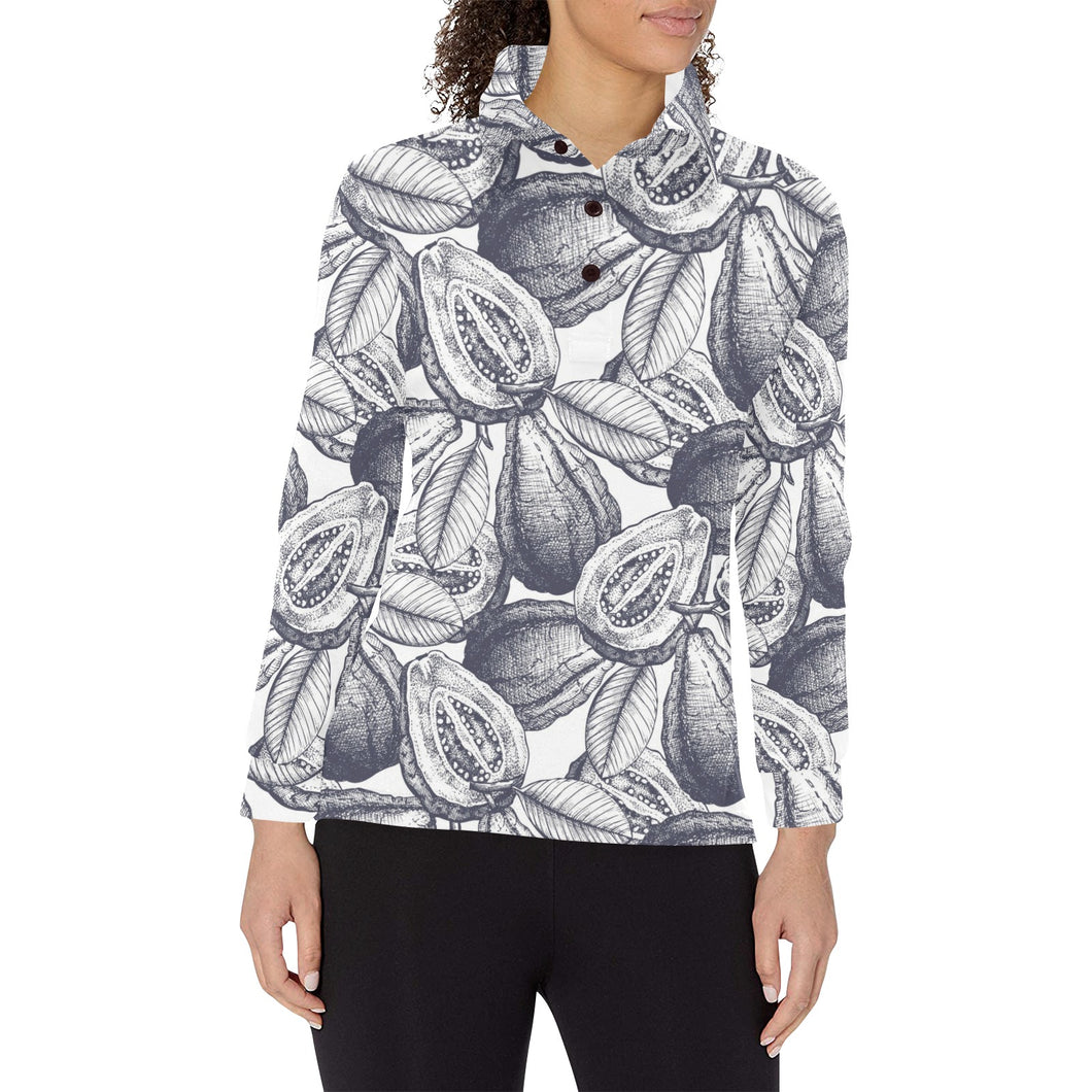 Guava tropical hand drawn pattern Women's Long Sleeve Polo Shirt