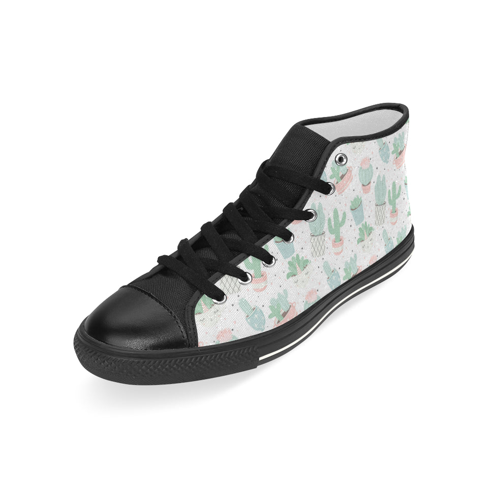 Pastel color cactus pattern Men's High Top Canvas Shoes Black