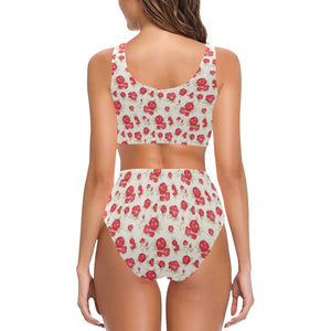 Rose Pattern Print Design 01 Chest Bowknot High Waisted Bikini Swimsuit