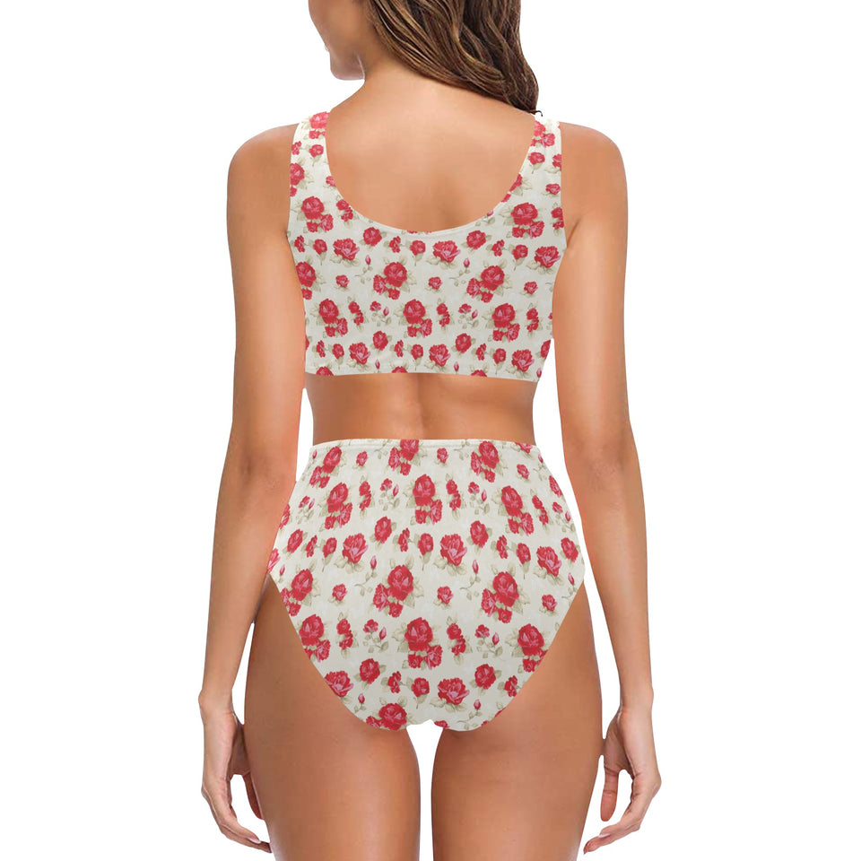 Rose Pattern Print Design 01 Chest Bowknot High Waisted Bikini Swimsuit