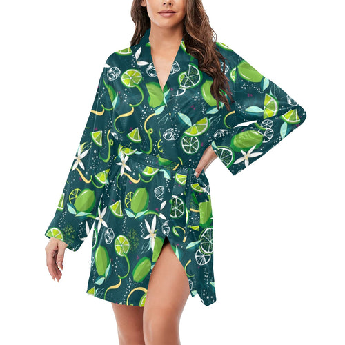 Lime ice flower pattern Women's Long Sleeve Belted Night Robe