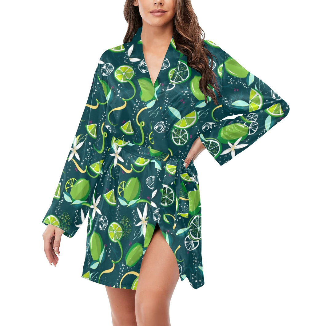 Lime ice flower pattern Women's Long Sleeve Belted Night Robe