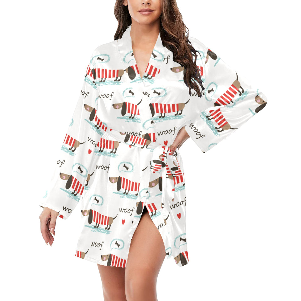 Cute dachshund bone pattern Women's Long Sleeve Belted Night Robe