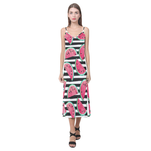 Watercolor paint textured watermelon pieces V-Neck Open Fork Long Dress