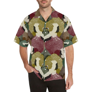 Japanese cranes flying forest dot pattern Men's All Over Print Hawaiian Shirt