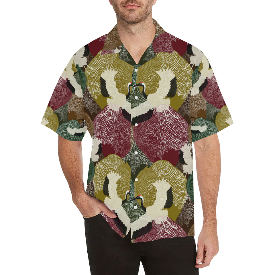 Japanese cranes flying forest dot pattern Men's All Over Print Hawaiian Shirt