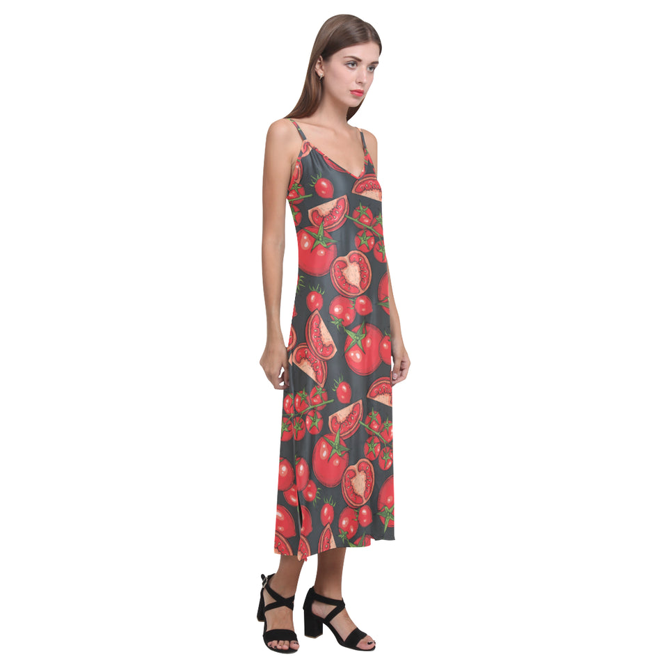 Tomato black background V-Neck Open Fork Long Dress