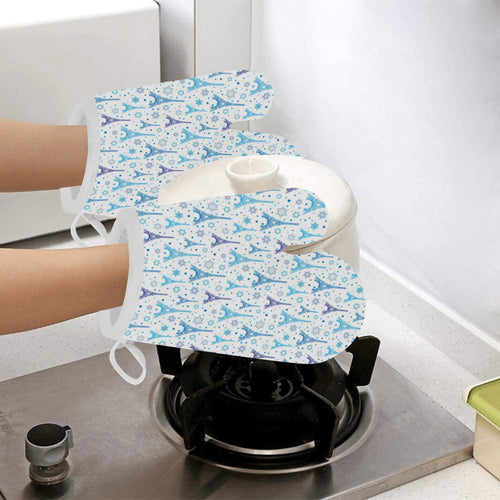 Blue Eiffel Tower Theme Pattern Print Design 01 Heat Resistant Oven Mitts