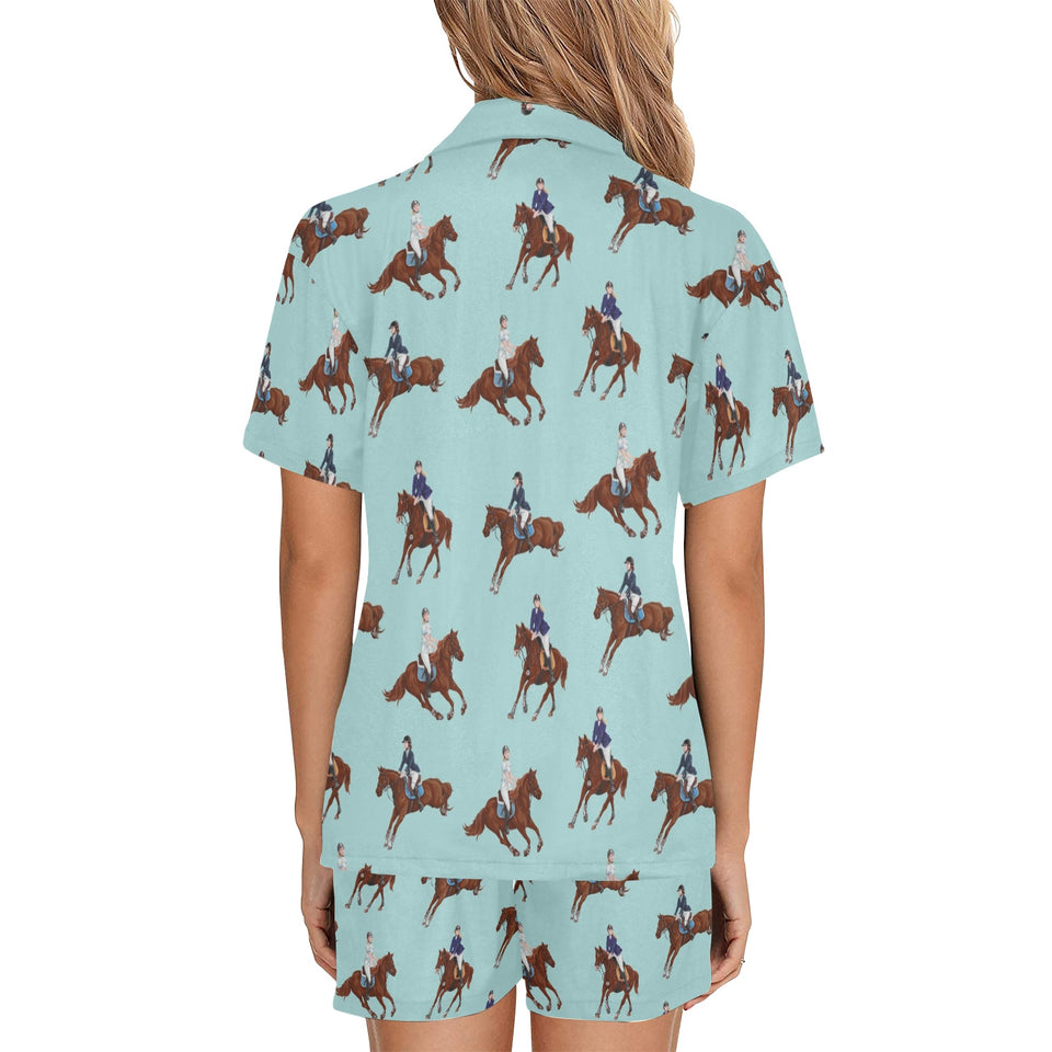 Horses running horses rider pattern Women's V-Neck Short Pajama Set