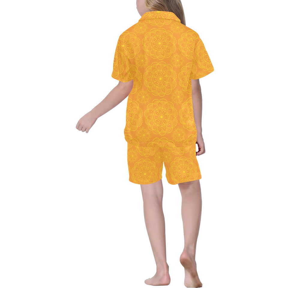 Orange traditional indian element pattern Kids' Boys' Girls' V-Neck Short Pajama Set