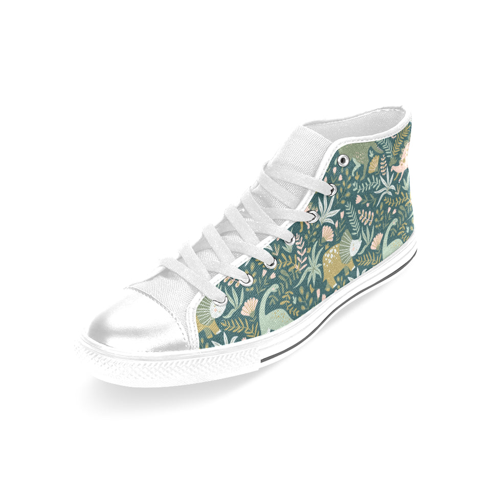 dinosaurs tropical leaves flower pattern Women's High Top Canvas Shoes White