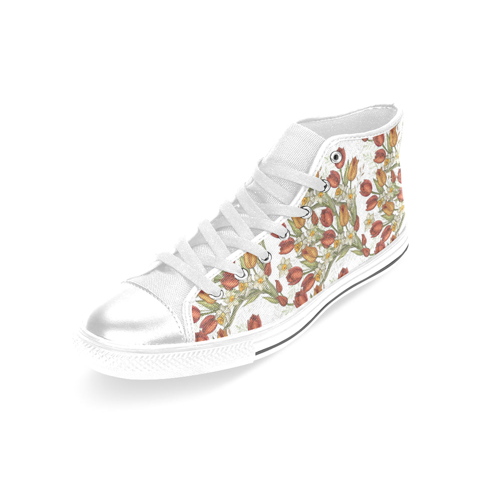 Red tulips and daffodils pattern Women's High Top Canvas Shoes White
