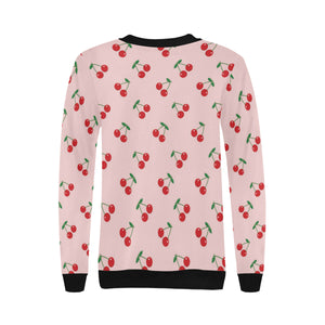 cherry pattern pink background Women's Crew Neck Sweatshirt