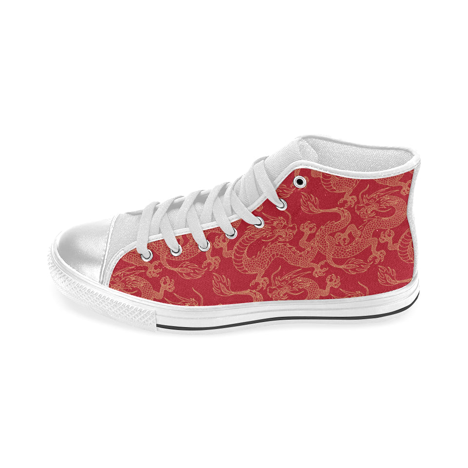 Gold dragons red background Women's High Top Canvas Shoes White