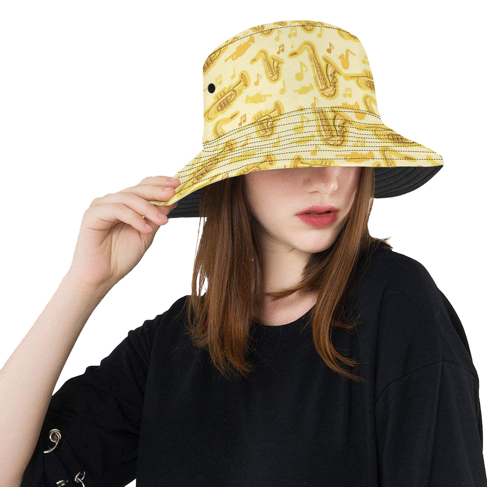 Saxophone cornet pattern yellow background Unisex Bucket Hat