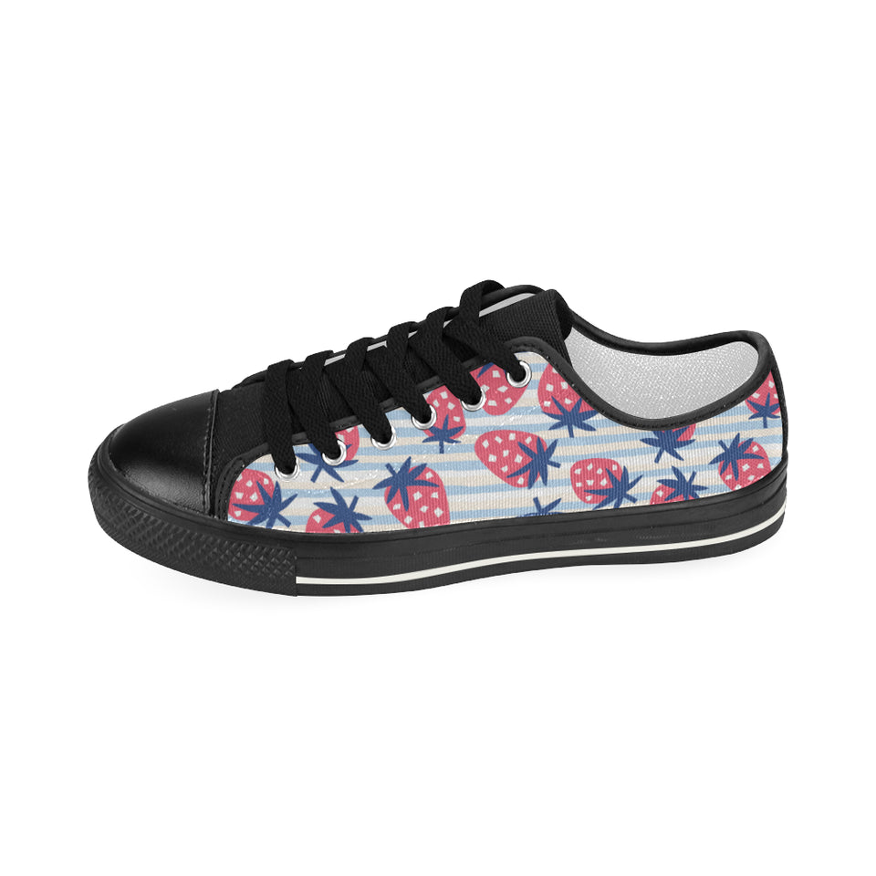 Strawberry pattern blue lines background Women's Low Top Canvas Shoes Black