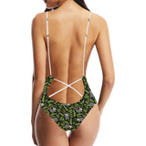 Cute sloths tropical palm leaves black background Women's One-Piece Swimsuit