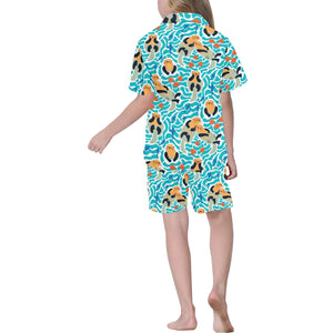 Cute sea otters fishe sea urchin pattern Kids' Boys' Girls' V-Neck Short Pajama Set