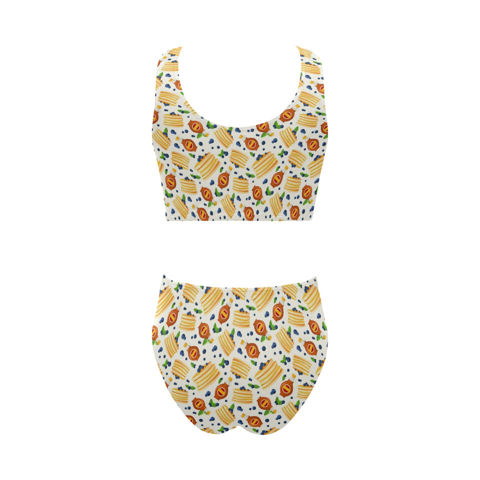 Pancake Pattern Print Design 02 Chest Bowknot High Waisted Bikini Swimsuit