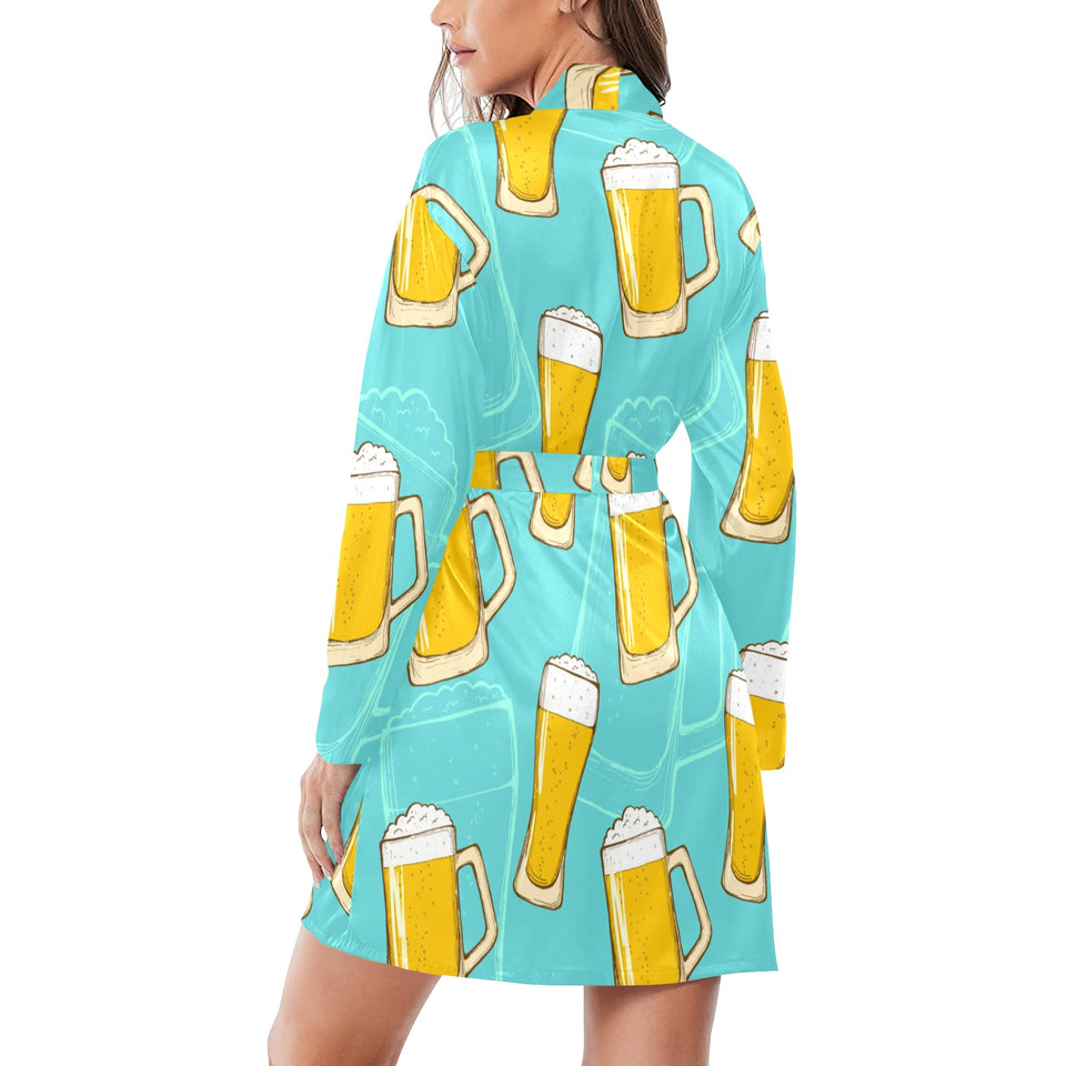 Beer pattern green background Women's Long Sleeve Belted Night Robe