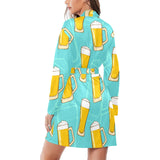 Beer pattern green background Women's Long Sleeve Belted Night Robe