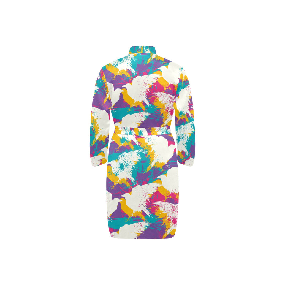 Colorful crow illustration pattern Men's Long Sleeve Belted Night Robe