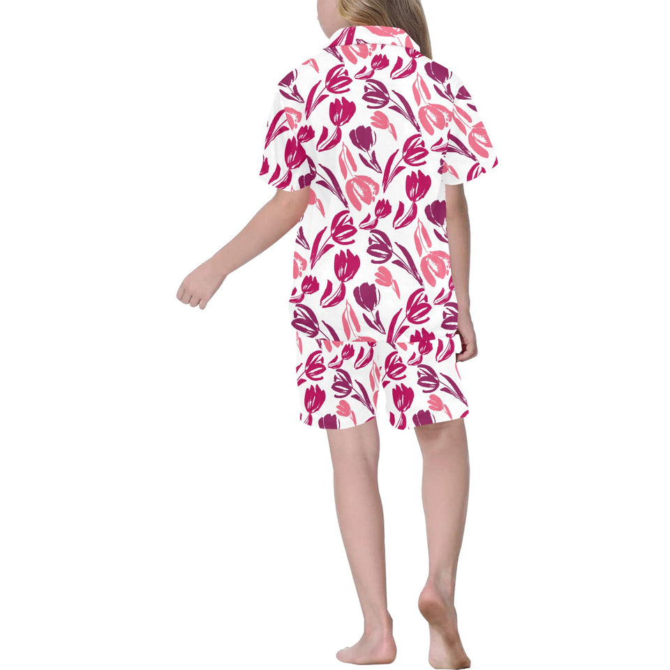 pink sketch tulip pattern Kids' Boys' Girls' V-Neck Short Pajama Set