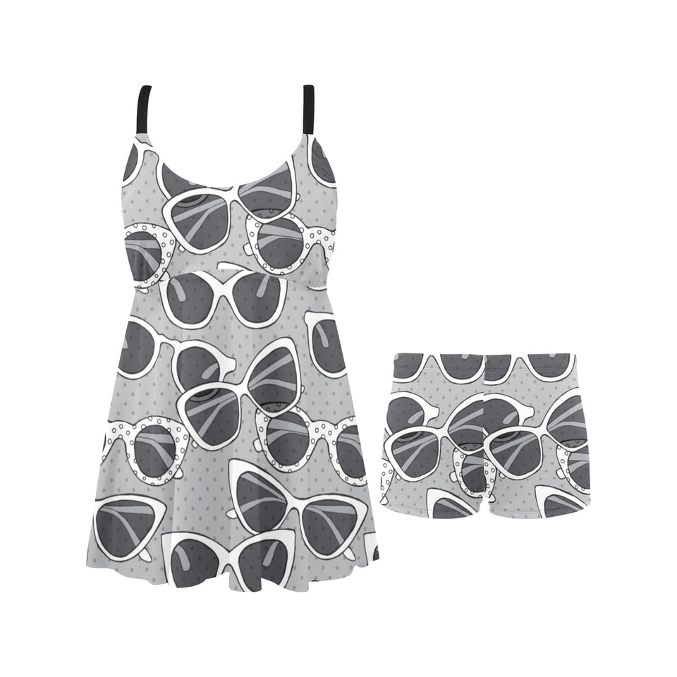 Sun Glasses Pattern Print Design 04 Chest Sexy Pleated Two Piece Swim Dress