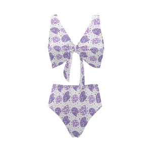 Hedgehog Pattern Print Design 05 Chest Bowknot High Waisted Bikini Swimsuit