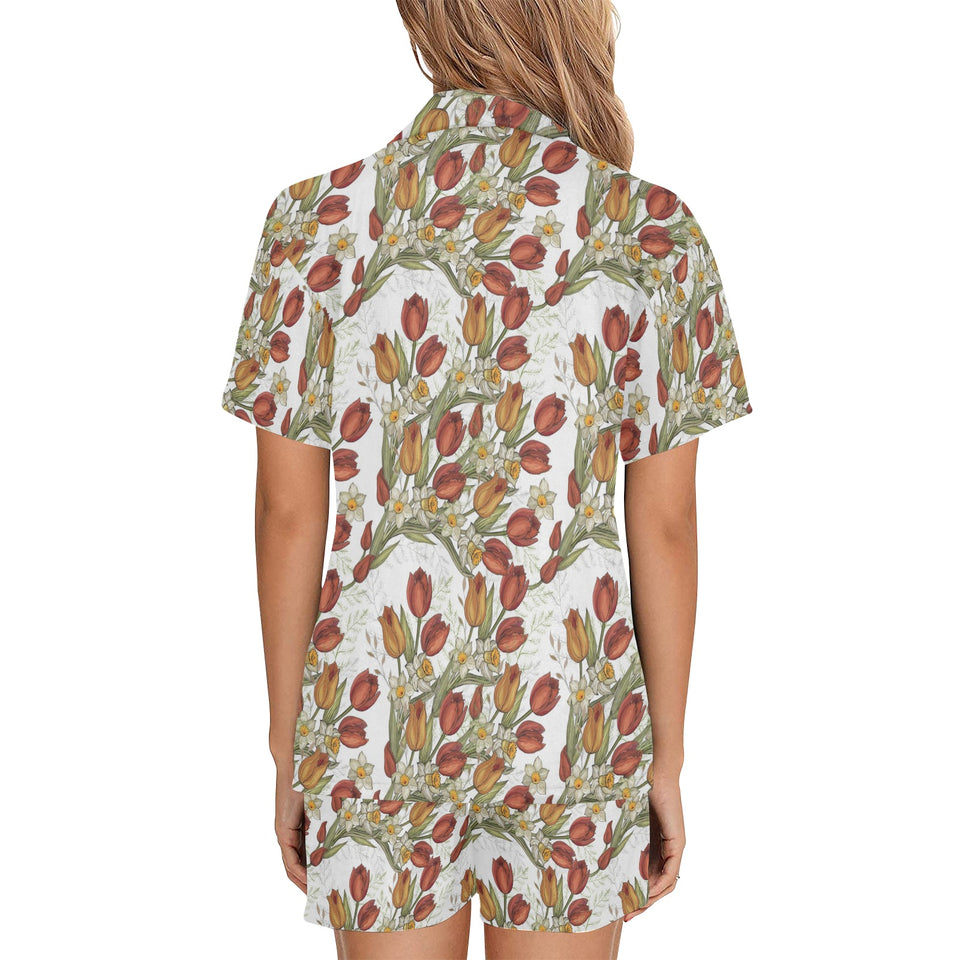 Red tulips and daffodils pattern Women's V-Neck Short Pajama Set