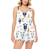 Cute sleeping sheep moon cloud pattern Chest Sexy Pleated Two Piece Swim Dress
