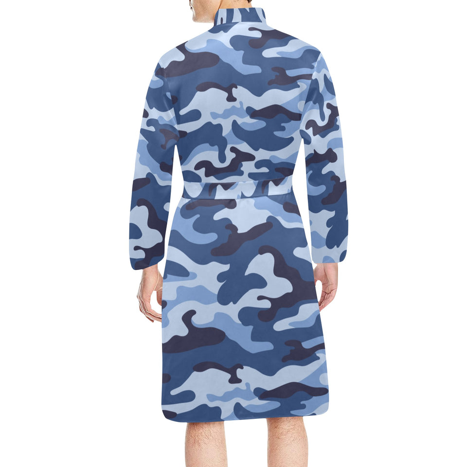 Blue camouflage pattern Men's Long Sleeve Belted Night Robe