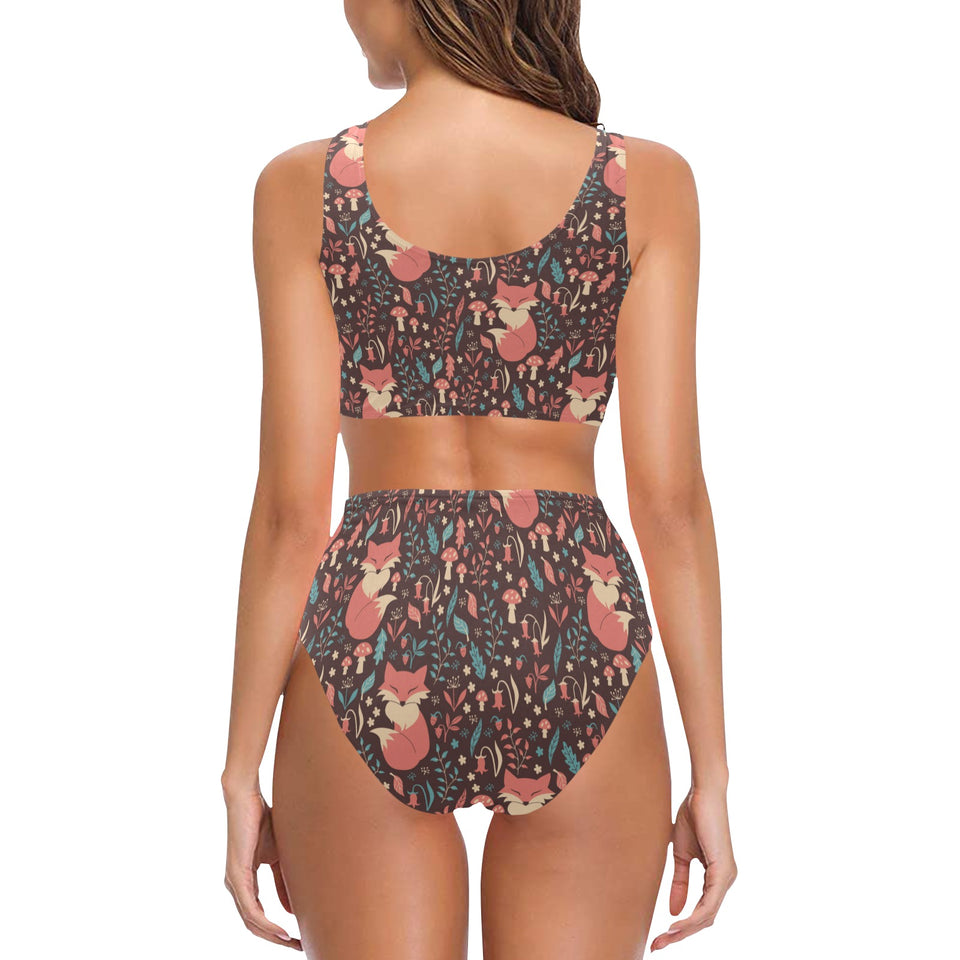 fox leaves mushroom pattern Chest Bowknot High Waisted Bikini Swimsuit