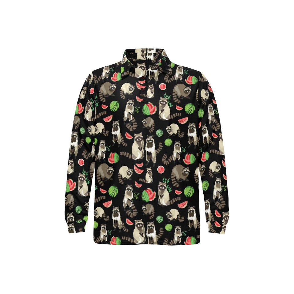 Raccoon watermelon pattern Men's Long Sleeve Polo Shirt