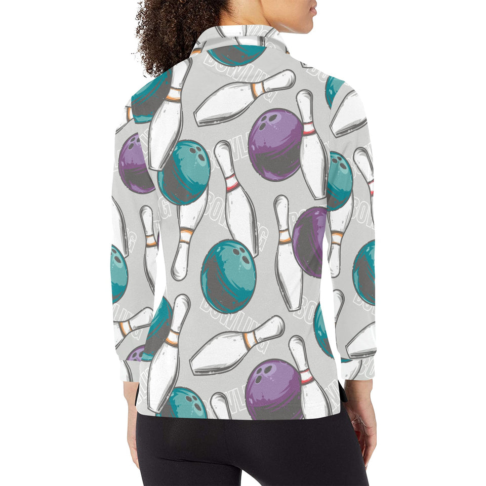 Bowling ball and pin gray background Women's Long Sleeve Polo Shirt