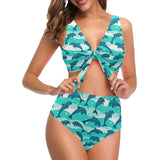Dolphin sea pattern Chest Bowknot High Waisted Bikini Swimsuit
