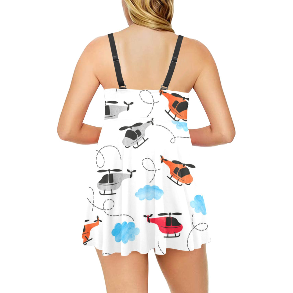 Watercolor helicopter cloud pattern Chest Sexy Pleated Two Piece Swim Dress
