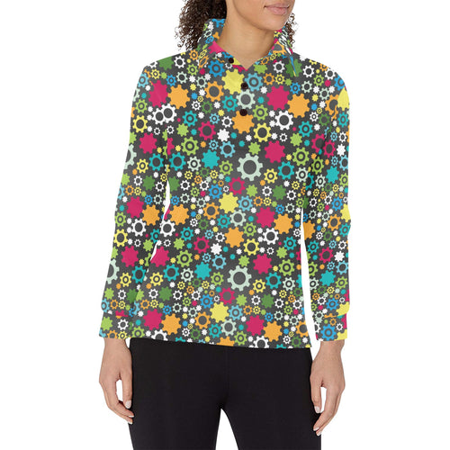 Gear Pattern Print Design 03 Women's Long Sleeve Polo Shirt