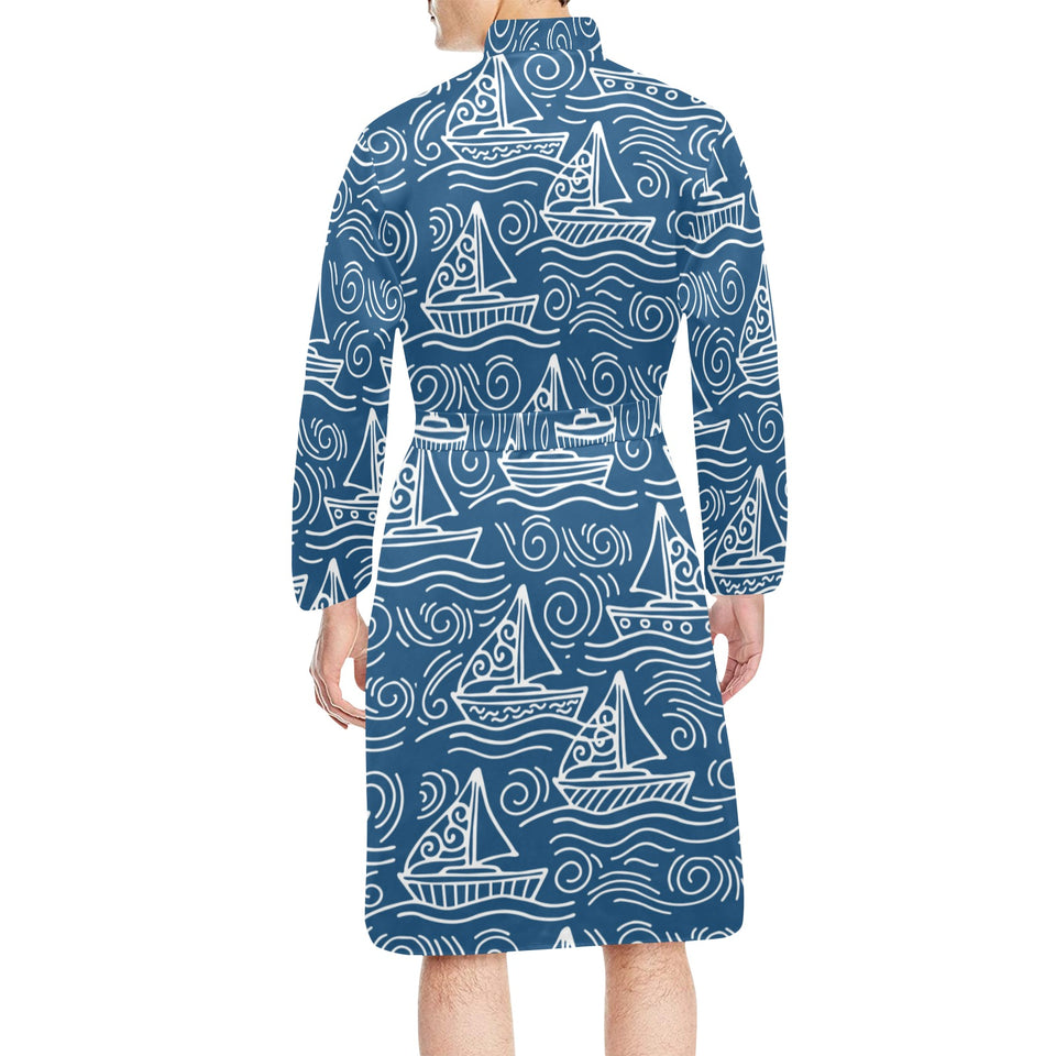 Hand drawn sailboat pattern Men's Long Sleeve Belted Night Robe